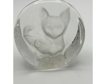Vtg Zajecar Fox Cat Crystal Yugoslavia Paperweight Etched Relief  Decor