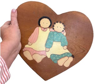 Folk Art Vintage Primitive Handpainted Oak Wood Heart Stool Cottage Decor