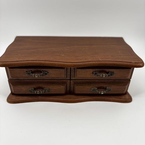 Vintage Mele Wooden Flip Top Jewelry Box Table Top Drawers Ring Holder Trinket