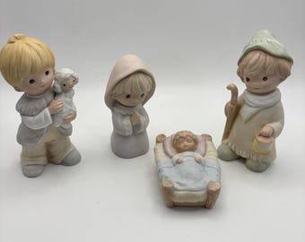 Vintage Homco Porcelain Children 4 piece Nativity Set #5502 Christmas Crèche