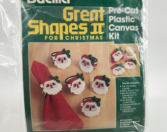 Bucilla Christmas Plastic Canvas Kit Santa Napkin Rings 6 Table Decor Scape