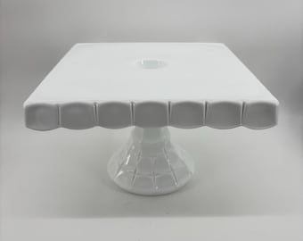 Vntg Indiana Constellation Milk Glass White Pedestal Square Cake Stand Rum Well