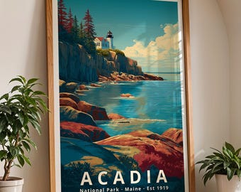 Acadia nationalpark-affisch, modern retro reseväggkonst, landskapsdekor i Maine