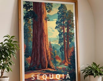 Sequoia nationalpark poster, retro reseväggkonst (oramad)