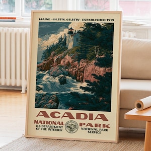 Acadia National Park Vintage WPA Poster, Nature Landscape Wall Art Decor, Retro Travel Framed Canvas Print, Hiker Gift