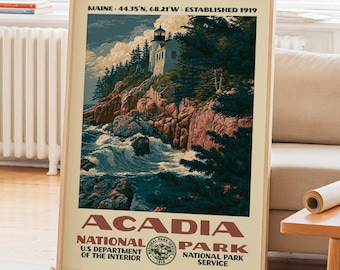 Acadia National Park Vintage WPA Poster, Natur Landschaft Wand Kunst Dekor, Retro Reise gerahmte Leinwand, Wander Geschenk