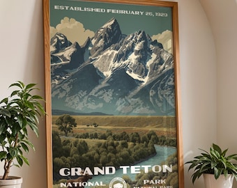 Könnte beinhalten: Ein gerahmtes Vintage-Poster des Grand Teton National Park mit einer Bergkette mit schneebedeckten Gipfeln, einem Fluss und dem Text "GRAND TETON NATIONAL PARK". Das Poster befindet sich in einem Holzrahmen und enthält den Text "ESTABLISHED FEBRUARY 26, 1929".