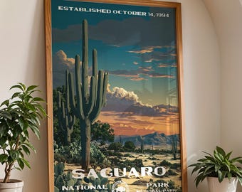 Saguaro nationalpark-affisch i WPA-stil, retro väggkonst för resor, vintage naturlandskap heminredning, vandrargåva äventyr