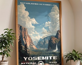 Yosemite nationalpark poster WPA-stil, retro reseväggkonst, vintage naturlandskap heminredning, vandrare present äventyr