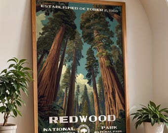 Redwood nationalpark-affisch i WPA-stil, retro väggkonst för resor, vintage naturlandskap heminredning, vandringsgåva äventyr