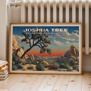 Joshua Tree National Park Poster, Desert Sunset Boulders Horizontal Retro Travel Print, Wall Art