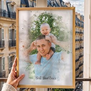 Custom Dad Watercolor Portrait From Photo, Personalized Father&#39;s Day Gift for Dad, Birthday Christmas Gift for Dad Grandpa, Wall Art Decor