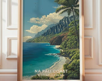 Na Pali-kusten Kauai-tryck, vintage hawaiiansk reseaffisch