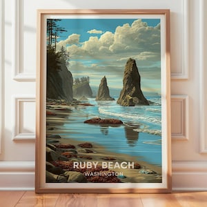 Ruby Beach Washington Vintage Travel Poster, Natural Landmark Wall Art Print