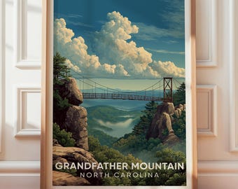 Vintage reseaffisch med farfars berg, konsttryck med landskap i North Carolina