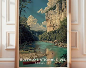 Buffalo National River Arkansas-tryck, vintage reseaffisch, retro landskapsväggkonst