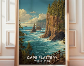 Cape Flattery Vintage reseaffisch, Washington Naturlandmärkeskonst