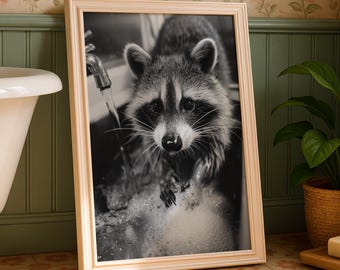 Rolig tvättbjörn som tvättar händerna i badrummet, svartvit fotografi