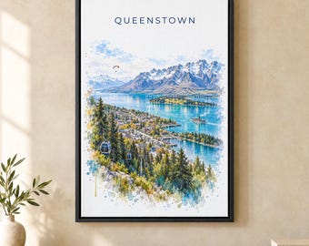 Queenstown Watercolor Print, Lake Wakatipu Remarkables Travel Poster, New Zealand Wall Art, Framed Canvas