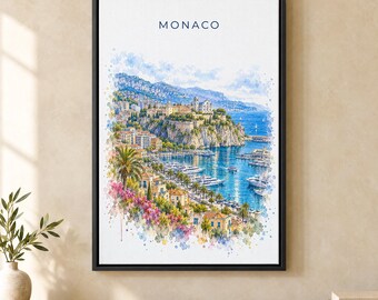 Monaco Watercolor Print, Prince's Palace Port Travel Poster, Monaco Wall Art, Framed Canvas