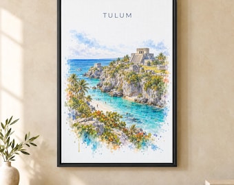 Tulum Watercolor Print, Mayan Ruins Beach Travel Poster, Mexico Wall Art, Framed Canvas