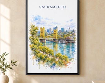 Sacramento Watercolor Print, Tower Bridge Travel Poster, California Wall Art, Framed Canvas
