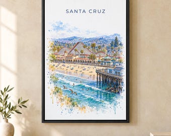 Santa Cruz Watercolor Print, Beach Boardwalk Travel Poster, California Wall Art, Framed Canvas