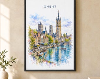 Ghent Watercolor Print, Graslei Belfry Travel Poster, Belgium Wall Art, Framed Canvas