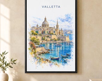 Valletta Watercolor Print, Harbour Domes Travel Poster, Malta Wall Art, Framed Canvas