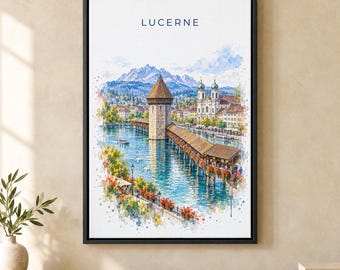 Lucerne Watercolor Print, Chapel Bridge Travel Poster, Switzerland Wall Art, Framed Canvas