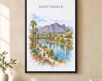 Scottsdale Watercolor Print, Camelback Mountain Travel Poster, Arizona Wall Art, Framed Canvas