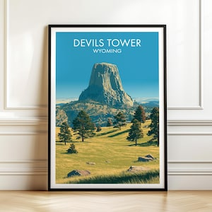 Póster de Devils Tower, Wyoming, lámina de viaje del Monumento Nacional, arte mural de montaña.
