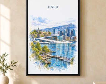 Oslo Watercolor Print, Opera House Travel Poster, Norway Wall Art, Framed Canvas