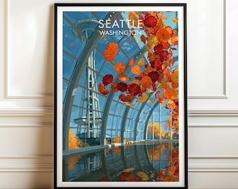 Könnte beinhalten: Ein gerahmter vertikaler Kunstdruck mit einer stilisierten Illustration der Space Needle in Seattle, gesehen durch eine Glasdecke. Die Szene zeigt leuchtend rote, orangefarbene und gelbe hängende Glasskulpturen sowie den Text SEATTLE WASHINGTON.