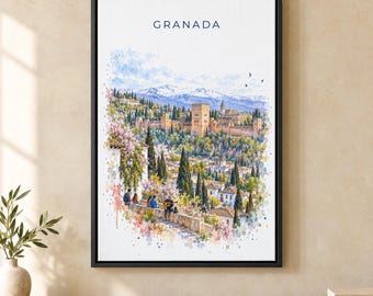 Granada Watercolor Print, Alhambra Travel Poster, Spain Wall Art, Framed Canvas