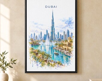 Dubai Watercolor Print, Burj Khalifa Travel Poster, UAE Wall Art, Framed Canvas