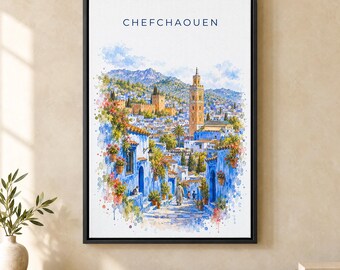 Chefchaouen Watercolor Print, Blue City Medina Travel Poster, Morocco Wall Art, Framed Canvas