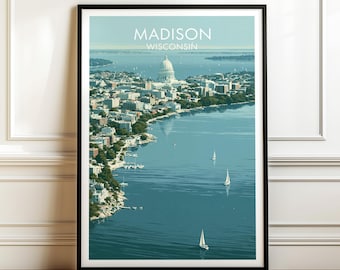 Madison Wisconsin poster, vintage VS stadsgezicht reizen muurkunst, Amerikaans monument ingelijste canvas print, Americana decor