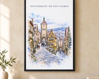 Rothenburg Watercolor Print, Ploenlein Old Town Travel Poster, Germany Wall Art, Framed Canvas