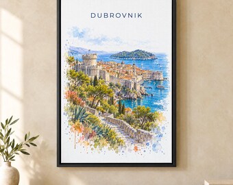 Dubrovnik Watercolor Print, Old Town Walls Travel Poster, Croatia Wall Art, Framed Canvas