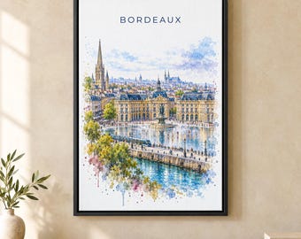Bordeaux Watercolor Print, Place de la Bourse Travel Poster, France Wall Art, Framed Canvas