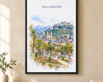 Salzburg Watercolor Print, Hohensalzburg Fortress Travel Poster, Austria Wall Art, Framed Canvas