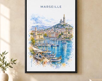 Marseille Watercolor Print, Notre Dame de la Garde Travel Poster, France Wall Art, Framed Canvas