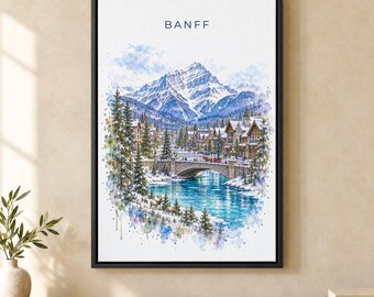 Banff Watercolor Print, Cascade Mountain Travel Poster, Canada Wall Art, Framed Canvas