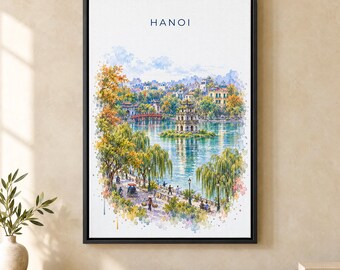 Hanoi Watercolor Print, Hoan Kiem Lake Travel Poster, Vietnam Wall Art, Framed Canvas