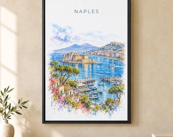 Naples Watercolor Print, Castel dell'Ovo Vesuvius Travel Poster, Italy Wall Art, Framed Canvas