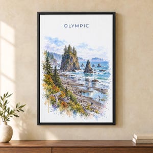 オリンピック国立公園の水彩画プリント、ルビービーチの旅行ポスター、ワシントン州の壁掛けアート、額装キャンバス