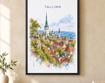 Tallinn Watercolor Print, Old Town Rooftops Travel Poster, Estonia Wall Art, Framed Canvas