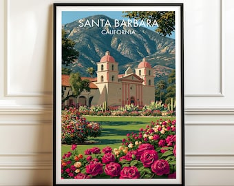 Könnte beinhalten: Ein gerahmtes Reiseplakat mit dem Text SANTA BARBARA CALIFORNIA. Die Illustration zeigt ein Gebäude im Missionsstil mit rosafarbenen Kuppeln und weißen Wänden vor einer Bergkulisse, mit leuchtend rosafarbenen Rosen im Vordergrund.