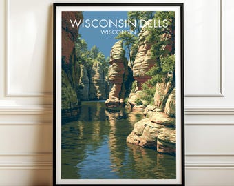 May include: A framed vertical art print featuring a landscape illustration of the Wisconsin Dells with tall sandstone rock formations, green pine trees, and a calm river reflecting the blue sky. The text reads WISCONSIN DELLS WISCONSIN.